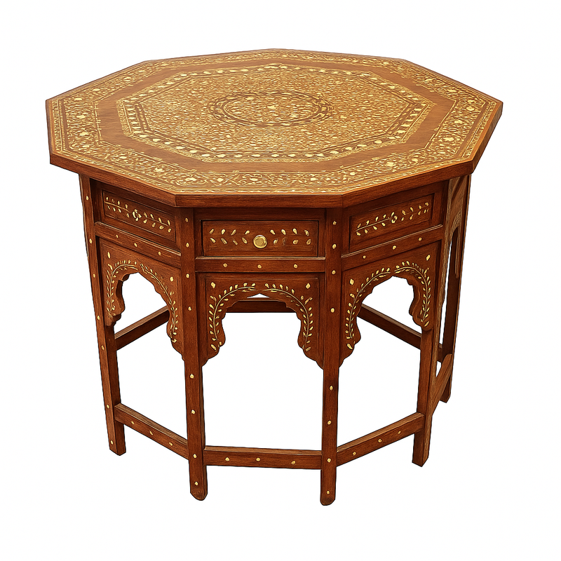 Bone Inlay Teak Wood Octagonal Foldable Table